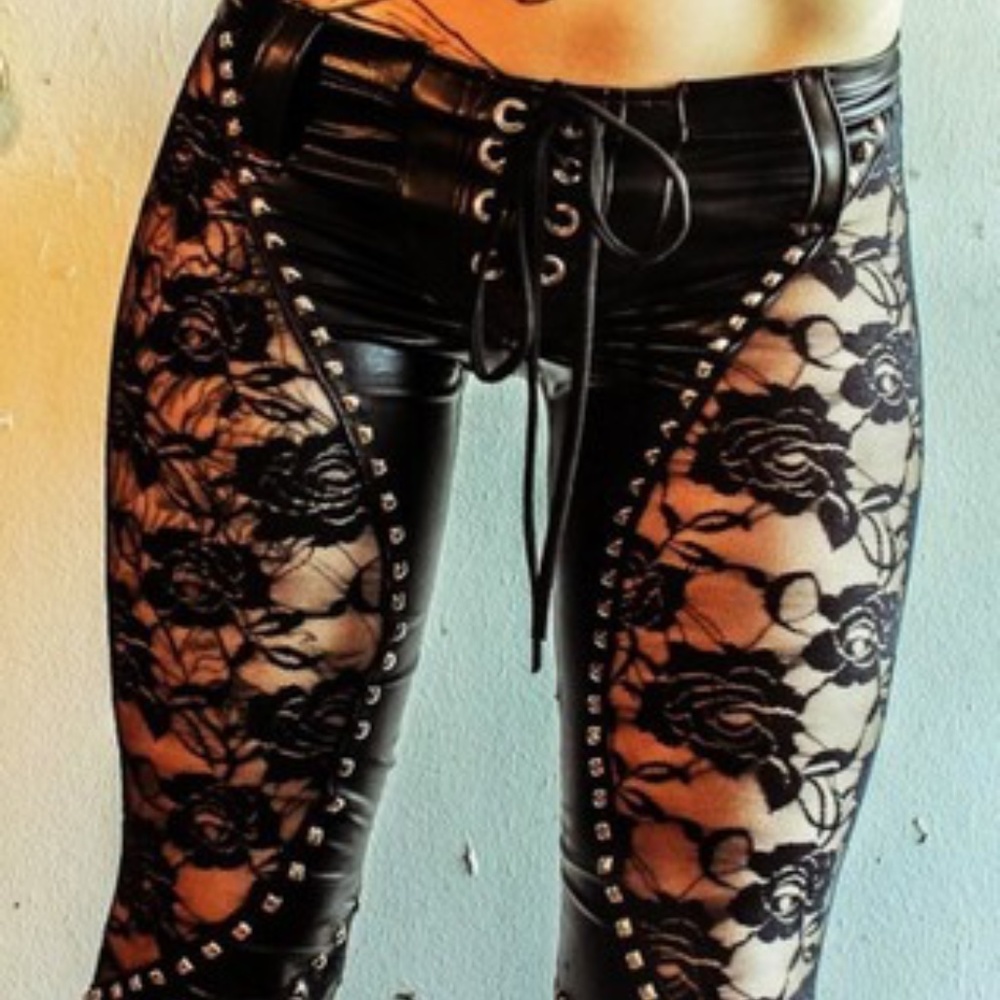 Unbranded Womens Ultra Low Rise Vegan Leather and Lace Studded Skinny Pants Size